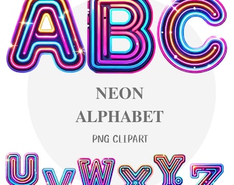 Peut inclure: Lettres de l'alphabet néon A, B, C, U, V, W, X, Y et Z. Les lettres sont soulignées de plusieurs couleurs, dont le rose, le bleu et le jaune, et ont un effet lumineux.