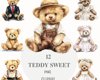Watercolor Teddy Bear Clipart Bundle, Nursery Art (PNG)