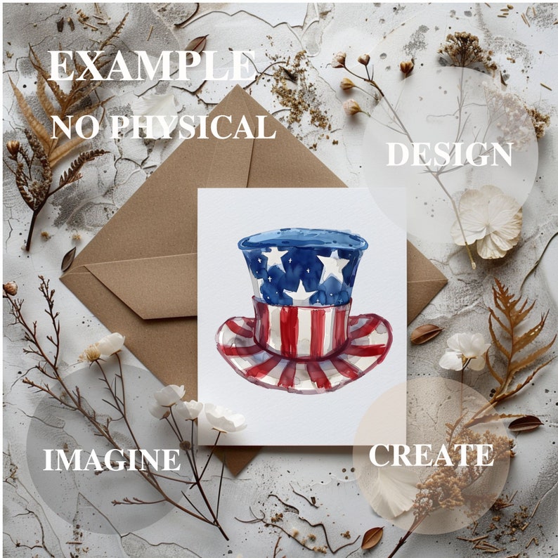 May include: A watercolor painting of a red, white, and blue top hat with stars and stripes. The hat is on a white background.