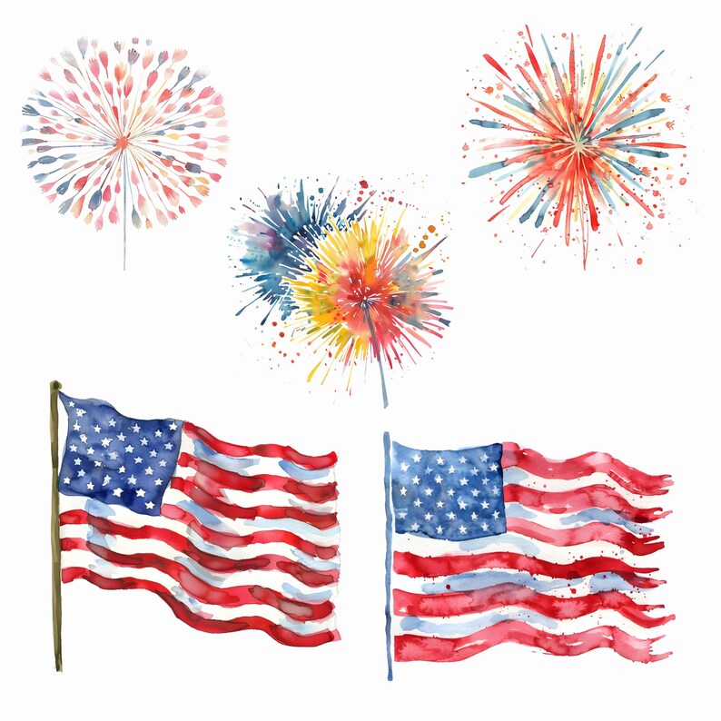 May include: Watercolor painting of red, white, and blue fireworks and American flags. The fireworks are in the shape of stars and bursts. The flags are waving in the wind.
