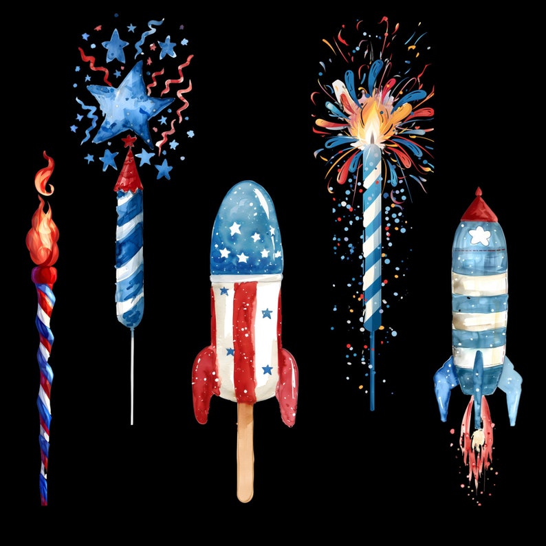 May include: A set of five watercolor illustrations of Fourth of July fireworks and rockets. The illustrations feature red, white, and blue colors and are perfect for adding a festive touch to your crafts and projects.