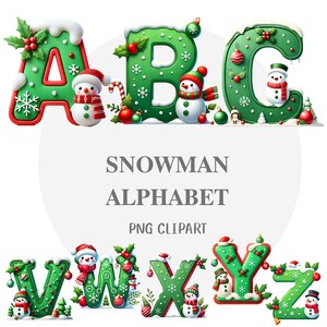 May include: A festive alphabet set featuring letters A, B, C, V, W, X, Y, and Z, each decorated with snow, holly, and snowmen. The letters are green with white accents and red and white details. The text "SNOWMAN ALPHABET PNG CLIPART" is also present.