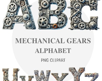 Steampunk Gears Alphabet, Cogs Monogram, Mechanical Font (Digital Files)