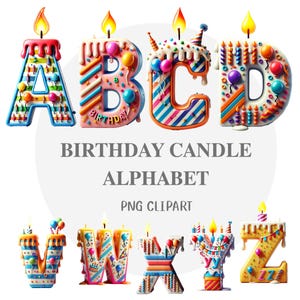 Alfabeto de vela de aniversário, letras de vela de aniversário, clipart de alfabeto, decoração de festa, alfabeto colorido, festa de aniversário, letras de topo de bolo