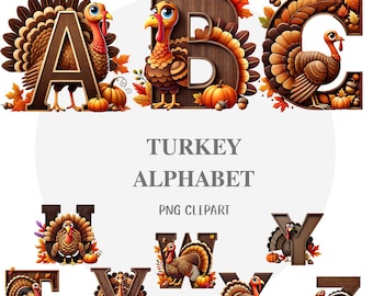 May include: A Thanksgiving alphabet with each letter decorated with a cartoon turkey and autumn foliage. The letters are A, B, C, T, U, V, W, X, Y, and Z.