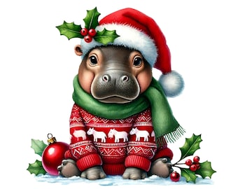 Christmas Hippo, Cute Animal Christmas, Holiday Hippo, Santa Hippo, Moo deng, Festive Animal Art