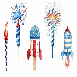 May include: A set of five watercolor illustrations of fireworks and rockets in red, white, and blue colors. The illustrations are perfect for a patriotic theme.