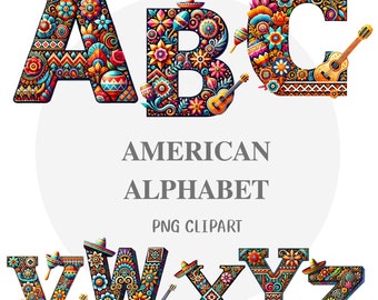 Könnte beinhalten: Buntfarbene Buchstaben des Alphabets, verziert mit mexikanisch inspirierten Mustern, darunter Blumen, Musikinstrumente und traditionelle Hüte. Die Buchstaben sind A, B, C, V, W, X, Y und Z.