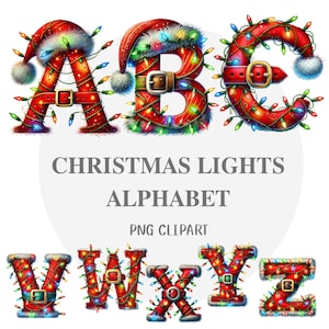 以下が含まれることがあります： クリスマスライトとサンタの帽子で飾られた、文字A、B、C、V、W、X、Y、Zを特徴とするお祝いのアルファベットデザイン。文字は赤色で、茶色のベルトとバックルが付いています。「CHRISTMAS LIGHTS ALPHABET PNG CLIPART」というテキストが下に表示されています。