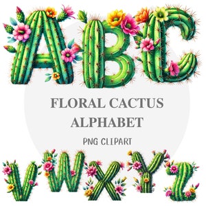 Alfabeto de cactus floral, letras suculentas, monograma floral, imágenes prediseñadas de letras botánicas, floración de nacimiento, flor de nacimiento, árbol de cactus, cactus abc