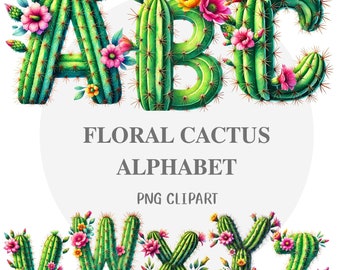 Floral Cactus Alphabet Clipart, Succulent Letters (PNG Files)