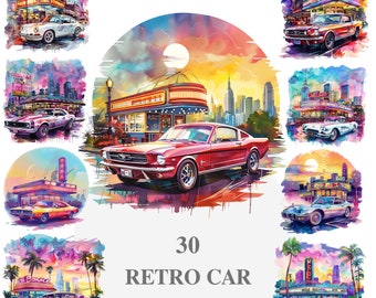 Watercolor Retro Car Clipart, Vintage Automobile Art (PNG)