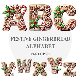 Letra de pan de jengibre festiva, alfabeto de pan de jengibre, clipart navideño, monograma festivo, alfabeto estacional, letras festivas