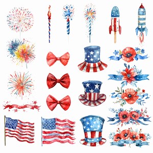 May include: Watercolor illustrations of red, white, and blue patriotic elements, including fireworks, bows, top hats, rockets, and floral arrangements.
