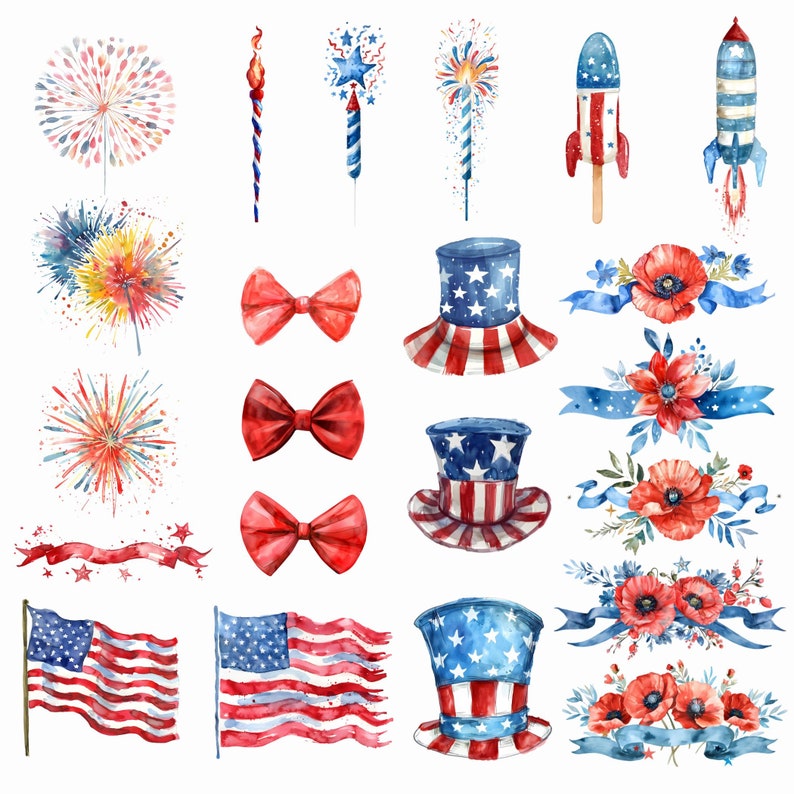 May include: Watercolor illustrations of red, white, and blue patriotic elements, including fireworks, bows, top hats, rockets, and floral arrangements.