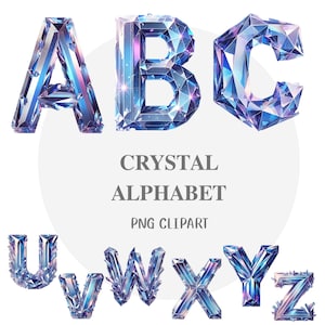 Alfabeto de cristal, letras de pedras preciosas, fonte de diamante de gelo, tipografia brilhante, alfabeto PNG, download digital, clipart de artesanato
