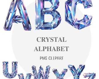 Alfabeto de Pedras Preciosas de Cristal, Fonte Diamante de Gelo, Clipart PNG (Download Digital)