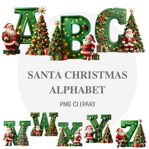 May include: Green Christmas alphabet letters decorated with Santa Claus, Christmas trees, and presents. The letters are A, B, C, V, W, X, Y, and Z.  Santa Christmas Alphabet PNG Clipart.