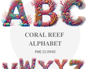 Watercolor Coral Reef Alphabet, Ocean Letters (PNG Digital Download)