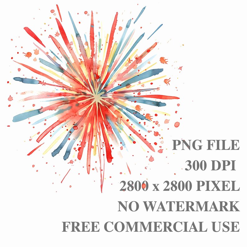 May include: Watercolor painting of a red, white, and blue firework explosion. The firework is bursting outwards with a radial pattern of color. The background is white.