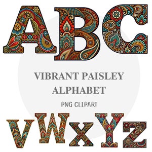 Vibrant Paisley alphabet, Paisley Alphabet, Decorative Letters, Bohemian Font, Clipart Alphabet, Digital Download, Paisley Design