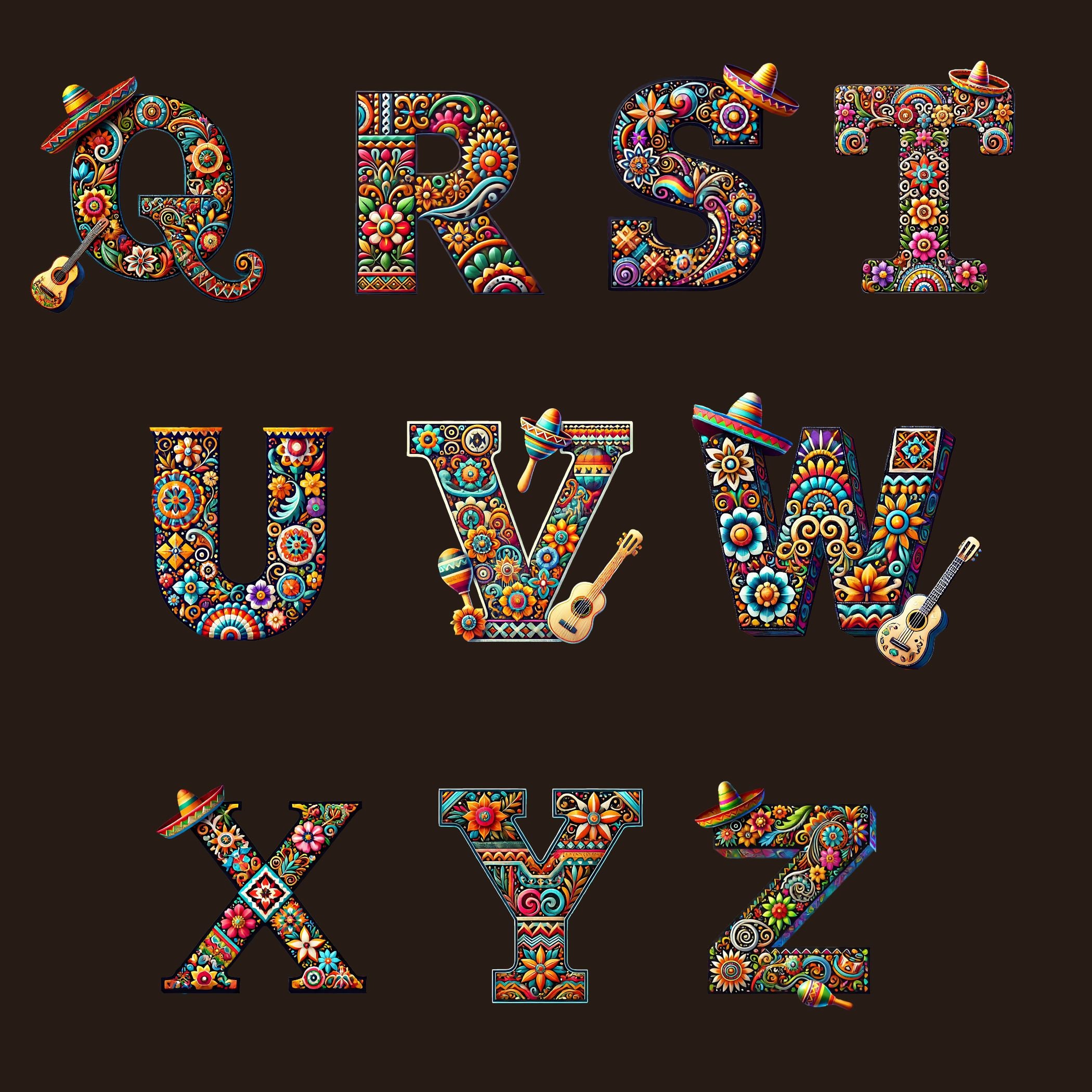 Mexican Alphabet, Folk Art Letters, Vibrant Clipart, Traditional ...