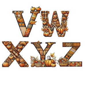 Pode incluir: Um conjunto de letras do alfabeto V, W, X, Y e Z decoradas com designs tem&aacute;ticos de outono, incluindo ab&oacute;boras, folhas e padr&otilde;es xadrez.