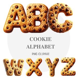 Könnte beinhalten: Buchstaben des Alphabets in Form von Keksen A, B, C, W, X, Y und Z. Jeder Buchstabe besteht aus einem Schokoladenkeks mit Schokoladenstückchen.