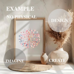 May include: A framed print of a watercolor painting of a pink and blue flower with a white background. The frame is made of wood and has a light brown finish. The print is sitting on a light brown rug. The words "EXAMPLE", "NO PHYSICAL", "DESIGN", "IMAGINE", and "CREATE" are written in white text on a white background.