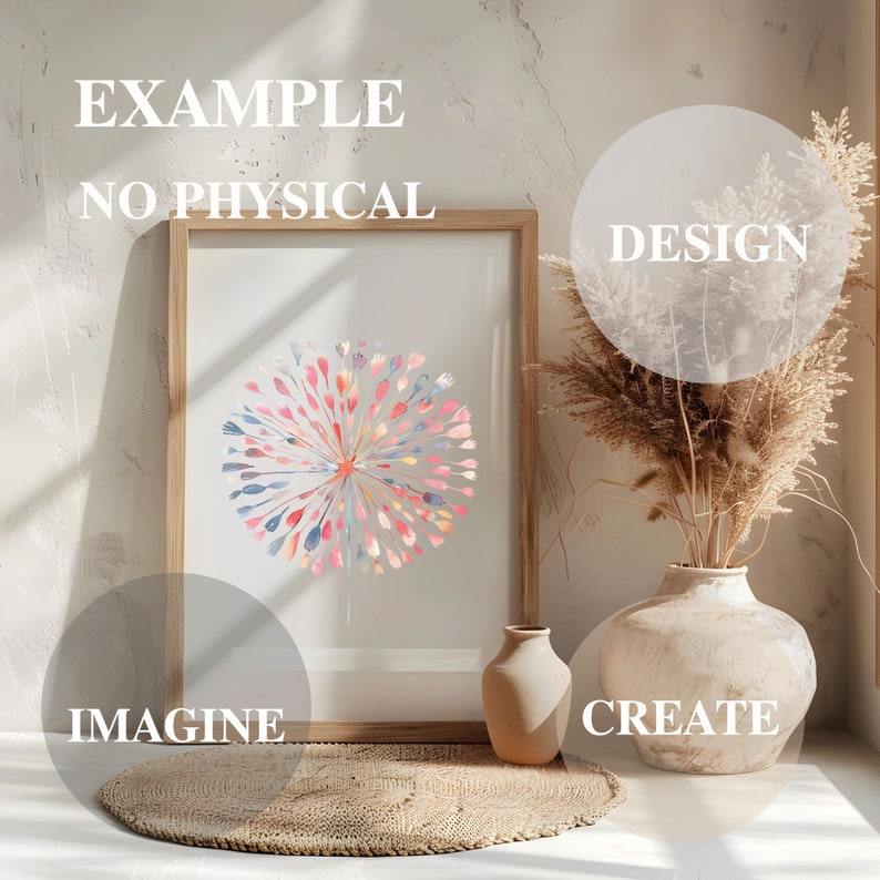 May include: A framed print of a watercolor painting of a pink and blue flower with a white background. The frame is made of wood and has a light brown finish. The print is sitting on a light brown rug. The words "EXAMPLE", "NO PHYSICAL", "DESIGN", "IMAGINE", and "CREATE" are written in white text on a white background.