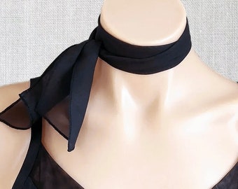 Small Short Black Scarf, Sheer Chiffon Scarf, Skinny Scarf, Hair Scarf, Hair Tie, 50's Scarf