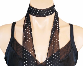 Polka Dot, Choker Scarf, Black Polka Dot Fabric, Skinny Scarf, Thin Gypsy Choker Scarf, Boho Hippie, Sheer Chiffon Scarf, Hair Tie,