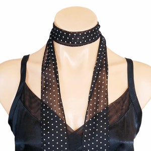 Modern Chic Black Skinny Sheer Chiffon Neck Scarf with White Polka Dots, Lightweight Stylish Accessory for Everyday Wear