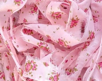 Pink Floral Frayed Cotton Ribbon, Torn Edge Textile Art Fabric Strips (5 Piece Bundle)