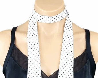 Polka Dot Scarf, White Polka Dot Scarf, Long Skinny Scarf, Sheer Chiffon Scarf White Scarf with Black Polka Dots