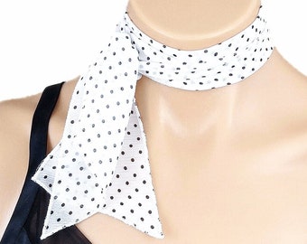 Polka Dot White Chiffon Small Scarf, Sheer Chiffon Neckwear, Single Layer, Size 36" x 3"
