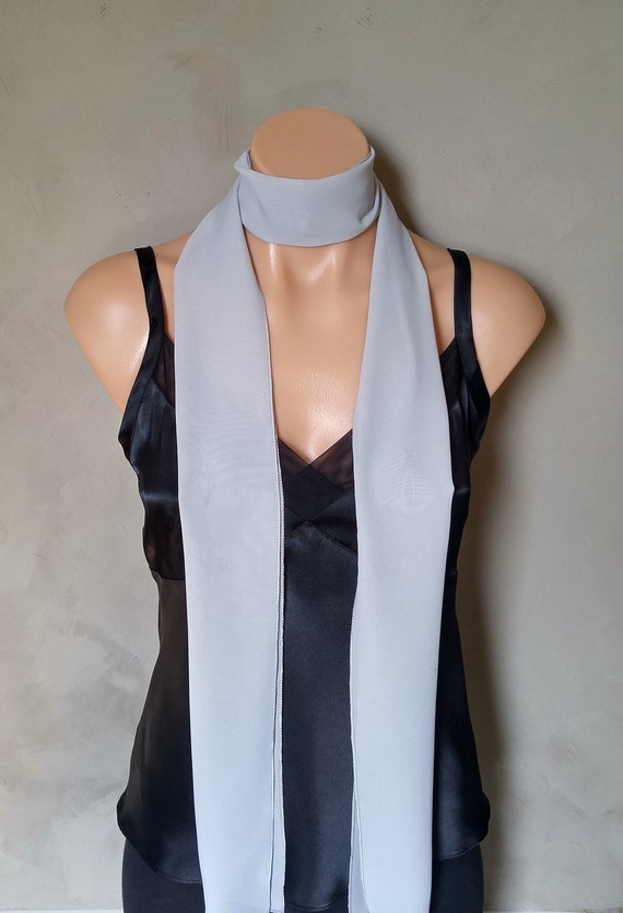 Skinny Scarf, Choker Scarf, Silver Skinny Scarf, Gray Skinny Scarf, Thin Scarves, Chiffon Scarves, Long Gray Scarf, Silver Scarves, Sashes