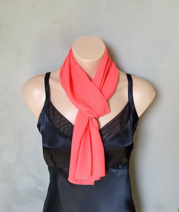 Coral Scarf, Skinny Scarves, Sheer Scarves, Gift for Her, Chiffon Scarf, Sheer Coral Scarf, Chiffon Coral Scarf, Coral Scarves, Skinny Scarf