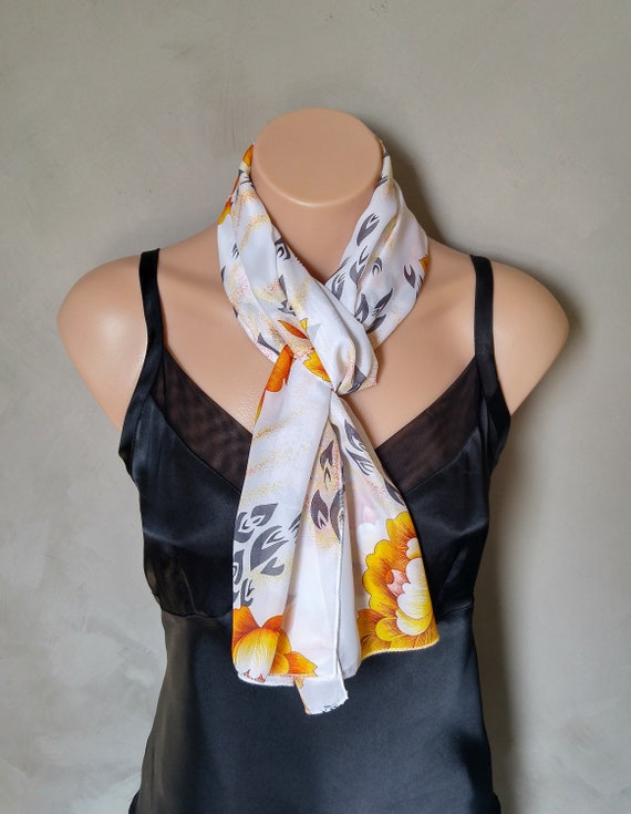 Floral Scarf, Sheer Scarves, Chiffon Scarf, Orange Scarf, Orange Blossom Scarf, Orange Floral Scarf, White Scarf, White Chiffon Scarf, Wrap
