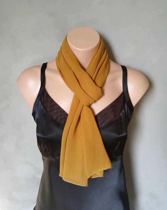 Skinny Scarf, Mustard Scarf, Slim Scarf, Chiffon Scarf, Summer Scarf, Lightweight Scarf, Earth Mustard Scarf, Gift for Her, Gifts Under 20