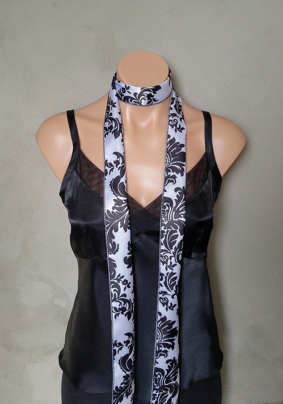 Skinny Scarf ,Long Skinny Scarf, Choker Scarf, Long Thin Scarf, Neckerchief, Thin Scarf, Damask Scarf, Black White Scarf, Black Satin Scarf