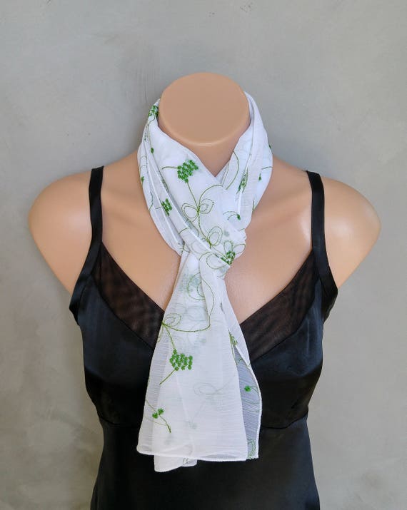 White Scarf, Green Scarf, Skinny Scarf, Floral Scarf, Sheer White Scarf, Embroidered Scarf, Green Floral Scarf, Sheer Scarf, Gift for Her