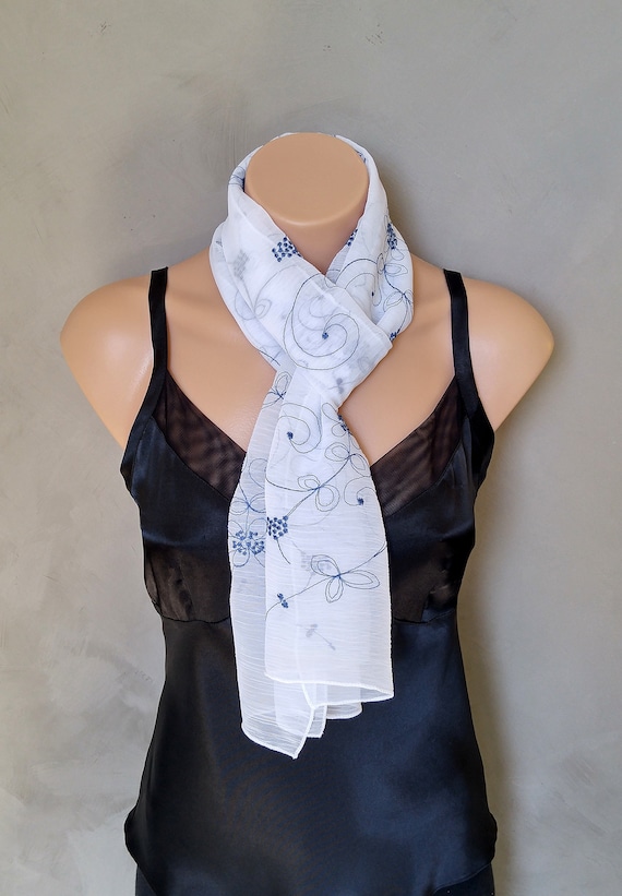 White Scarf, Blue Scarf, Skinny Scarf, Floral Scarf, Sheer White Scarf, Embroidered Scarf, Blue Floral Scarf, Sheer Scarf, Gift for Her