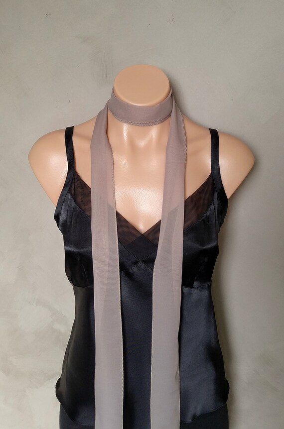 Skinny Scarf, Choker Scarf, Gray Scarf, Long Scarves, Gift for Women, Thin Scarves, Gray Ascot, Neckerchief, Bow Tie Scarf, Sheer Gray Scarf