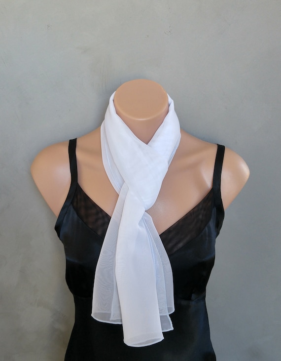 White Scarf, Embroidered Scarf, White Skinny Scarf, Sheer Chiffon Scarf, White Sheer Scarf, White Chiffon Scarf, Scarf Embroidered