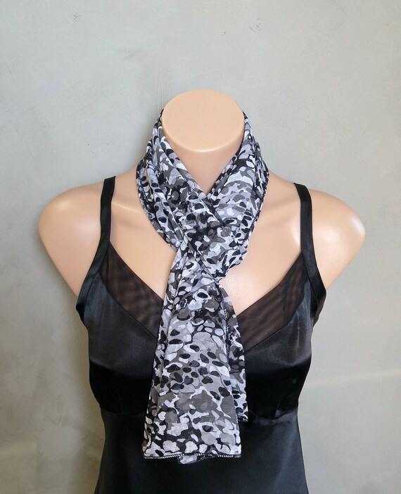 Skinny Scarf, Black Skinny Scarf, Black White Scarf, Chiffon Skinny Scarf, Gift for Her, Gifts Under 20, Sheer Scarves, Fashion Scarves