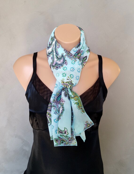 Paisley Scarf, Boho Scarf, Paisley Boho Scarf, Aqua Scarf, Aqua Blue Scarf, Blue Scarves, Bohemian Scarf, Skinny Scarf, Sheer Chiffon Scarf