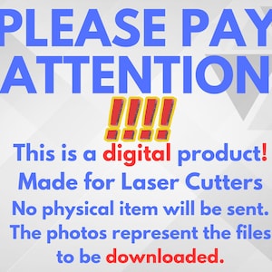 May include: A graphic with blue text that reads "PLEASE PAY ATTENTION" above four red exclamation points with yellow borders. Below, it states "This is a digital product!" and other details about the product.