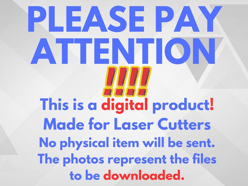 May include: A graphic with blue text that reads "PLEASE PAY ATTENTION" above four red exclamation points with yellow borders. Below, it states "This is a digital product!" and other details about the product.