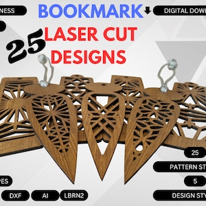 Könnte beinhalten: Lasergeschnittene Holz-Lesezeichen mit komplizierten geometrischen Designs. Das Bild zeigt mehrere Lesezeichen mit verschiedenen Formen und Mustern, darunter Sonnenstrahlen- und Herzdesigns. Der Text auf dem Bild lautet "25 Laser Cut Designs" und "Digital Download".